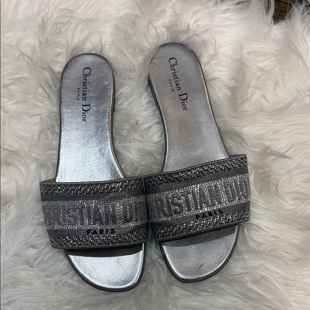 Dior Dway Metallic Silver Slides 39